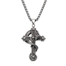 WDBAYXH Men's Gothic Punk Dragon Skull Cross Pendant Necklace, Biker Antique Silver Stainless Steel Carved Prayer Pendant with 2 Pieces Chain, Personality Ouroboros Talisman Jewellery, Stainless