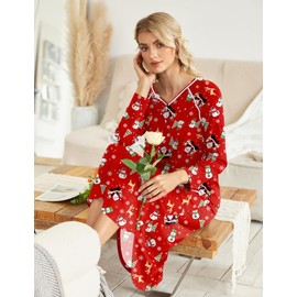 Ekouaer Women's Nightgown V-Neck Loungewear Long Sleeve Sleepwear Full Length Nightgown for Women Red Christmas Medium