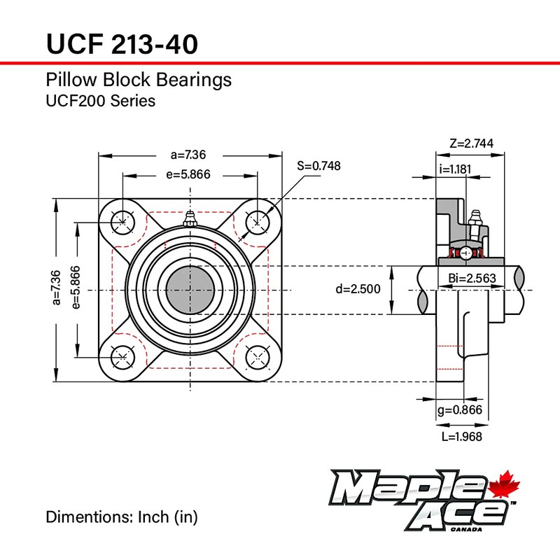 MAPLE ACE UCF213-40 Square Flange Bearing 2-1/2" Bore, 4-Bolt Self-Aligning,