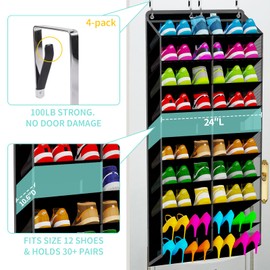 zebricolo Large Shoe Rack for Door 74 x 24 Inches, Over the Door Shoe Organizer, Heavy-Duty Hanging Shoe Storage for Closet, Extra-Wide 30 Pairs Shoe Holders Fit Family Sneakers Heels Boots - Black