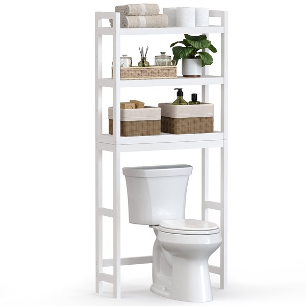 SONGMICS Over The Toilet Storage, 3-Tier Bamboo Over Toilet Bathroom Organizer with Adjustable Shelf, Fit Most Toilets, Space-Saving, Easy Assembly, White UBTS01WT