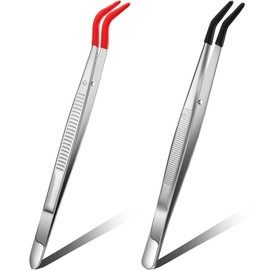 Honoson 2 Pieces Tweezers Curved Bent Tip Tweezers with Rubber Silicone Tips PVC Coated Non Marring Soft Long Rubber Stainless Steel Tools for Jewelry Crafts(Red, Black)