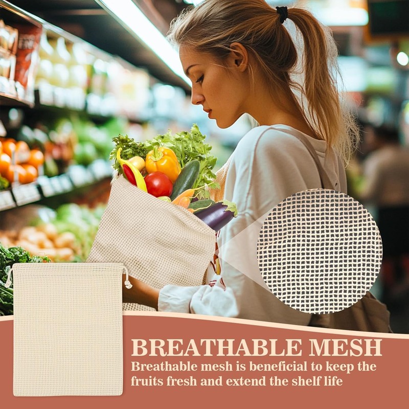 8 Pcs Reusable Cotton Mesh Produce Bags, Biodegradable Washable Eco-Friendly,