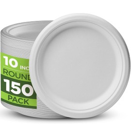 100% Compostable Paper Plates 150 Pack, 10 Inch Heavy Duty Biodegradable Microwavable Disposable White Dinner Plates, Made of Eco-Friendly, Natural Sugarcane Bagasse | Munfix