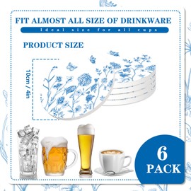 JarThenaAMCS 6Pcs Blue Floral Coaster with Holder Wildflower Butterfly Drink Coasters Absorbent Ceramic Coasters for Home Decor Table Protection Housewarming Gifts