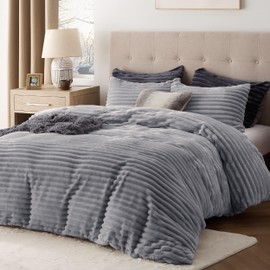 Bedsure Fluffy Duvet Cover Set - Ultra Soft Plush Shaggy Comforter Cover Queen Size, Warm Flannel Fleece Bed Sets for Winter, 3 Pieces (Striped Pattern, Medium Grey)