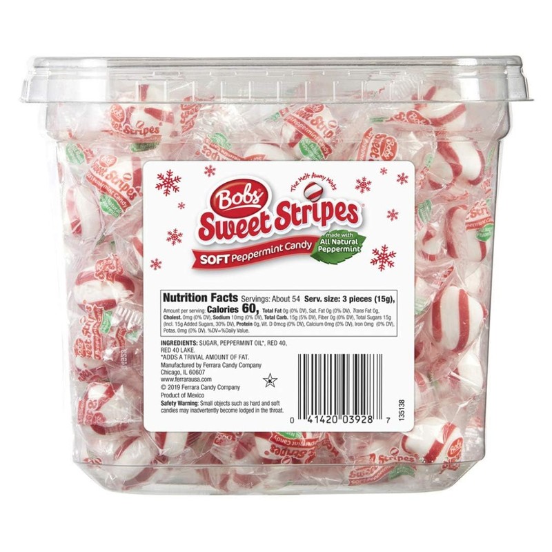 Sweet Stripes Soft Peppermint Candy, 1.8 Pound Bulk Tub -