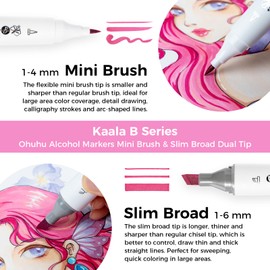 Ohuhu Alcohol Markers: Mini Brush & Slim Broad 60 Illustration Colors Dual Tip Brush Tip Alcohol-based Art Marker for Artists Adults Coloring Illustration- Refillable - Kaala B Series of Ohuhu Markers