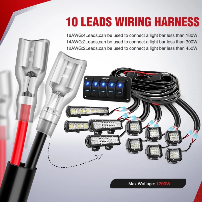 Nilight 16AWG 14AWG 12AWG LED Light Bar Wiring Harness 5Gang
