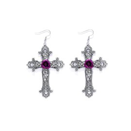 Vintage Gothic Cross Rose Earrings Dark Punk Style Large Cross Flower Dangle Drop Earrings Red Black Purple Rose Flower Earrings Goth Earrings Christmas New Year Halloween Jewelry for Women (Purple)