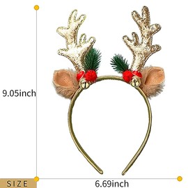 KFZR Christmas Headbands Glitter Elk Antlers Hair Bands Sequin Reindeer Holiday Party Accessory for Women Girls (Gold)