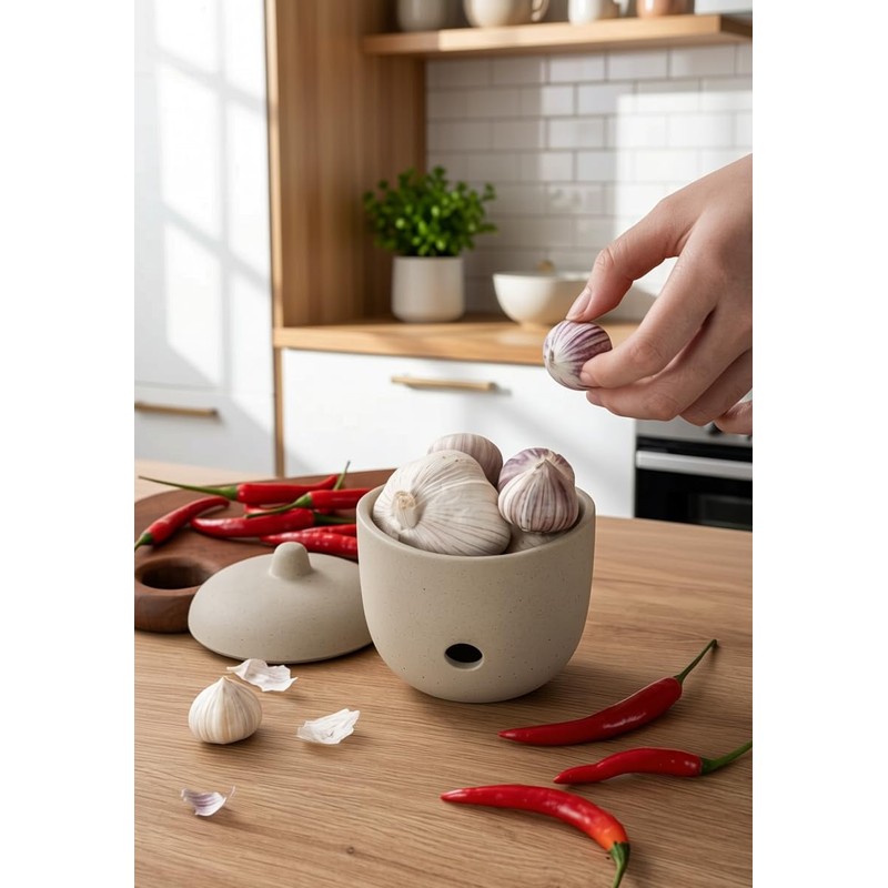 Ceramic Garlic Keeper,Garlic Storage with Lid,Garlic Holder,Beige,Small