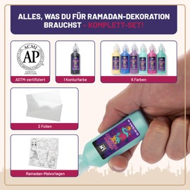 LM-Kreativ Window Colour Set - 1001 Night, 7 Window Paints of 22 ml, Includes Black Contour Paint, 14 Imaginative Templates, for Creative Window Pictures and Craft Fun Also for Ramadan