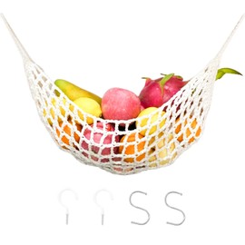 Hanging Fruit Hammock Under Cabinet,Hanging Fruit Hammock with Hooks,Fruit and Veggie Basket,Fruit Hammock for Kitchen Décor,Storage That Saves Counter For More Counter Space at Home, (Off-white-001)