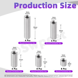 Swpeet 28Pcs 5 Sizes Metric M6 X 1.0-Pitch X 8mm/15mm/25mm/30mm/40mm Length 304 Stainless Steel Round Connector Nuts Coupling Nuts Assortment Kit, Female Thread for Camera Pan, Lamp Bracket