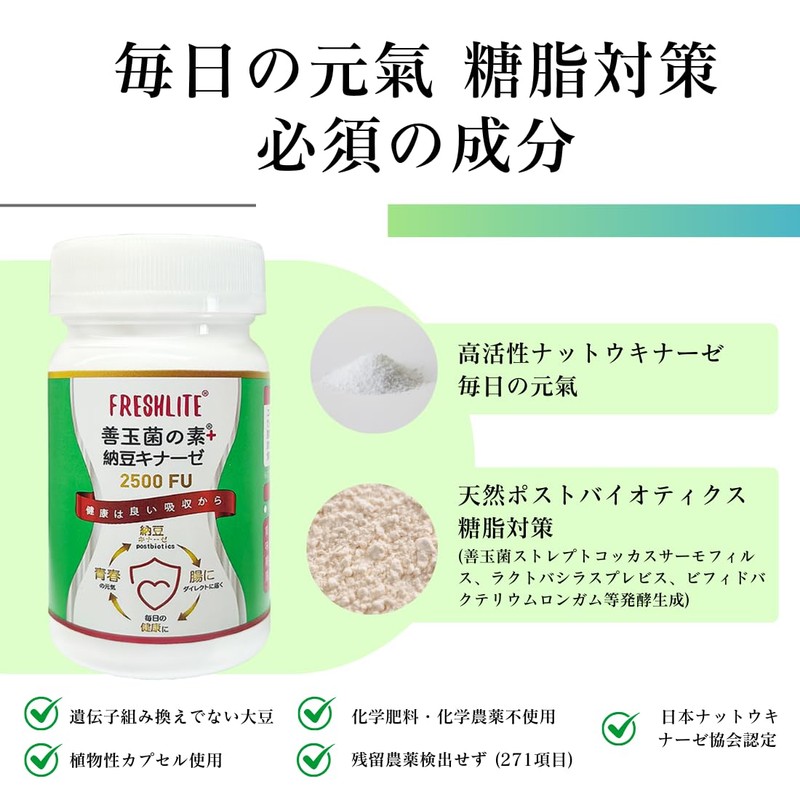 FRESHLITE｜【糖質x脂質 Wバリア、血液サラサラ】善玉菌の素＋納豆キナーゼ 2500FU 【天然乳酸菌生成エキス相乗高純度NSK-KD納豆キナーゼを結合して】【青春の元気 毎日の健康】 30日分60粒入