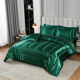 Satin Comforter Set with Sheet Set Queen Silk Like Green Bed in a Bag 8 Pieces Luxury Silky Sheet Set with Comforter Set with 1 Cushion Cover (Queen, Blackish Green)