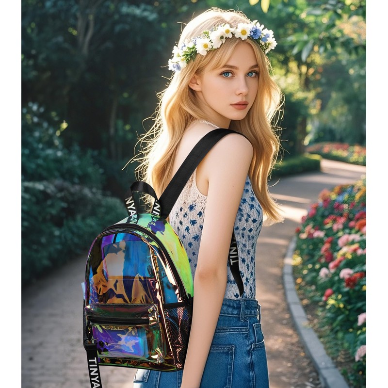 TINYAT Holographic Clear Backpack Mini Colorful Laser Transparent Backpack Heavy