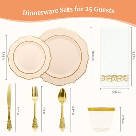 AIRE 175PCS Pink Gold Plastic Plates for Party, Dinnerware Sets for 25 Guests, Disposable Plastic Party Supplies Plates Cups Spoons Forks Knives Napkins for Wedding Birthday Baby Shower BBQ Parties