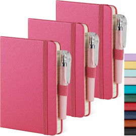 NIRMIRO 3 Pack Small Journal Notebook with Pen, Mini Pocket Leather Notepad Notebook 3.7" x 5.7" with 408 Pages, Ribbon Bookmark, Pearlescent Pink
