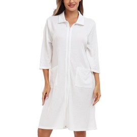 Lovasy Women's Zip Robes Waffle Dressing Gowns for Women UK 3/4 Sleeve Bathrobe Summer Ladies Dressing Gowns Lightweight Knee Length Housecoat with Pockets,White,M