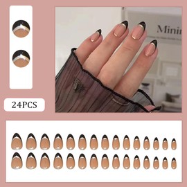 30Pcs Black French Almond Press on Nails Short Nails Press Ons RUPOFUZA Nude Fake Nails with Gold Thread Glue on Nails Artificial Nails Acrylic Stick on Nails for Women