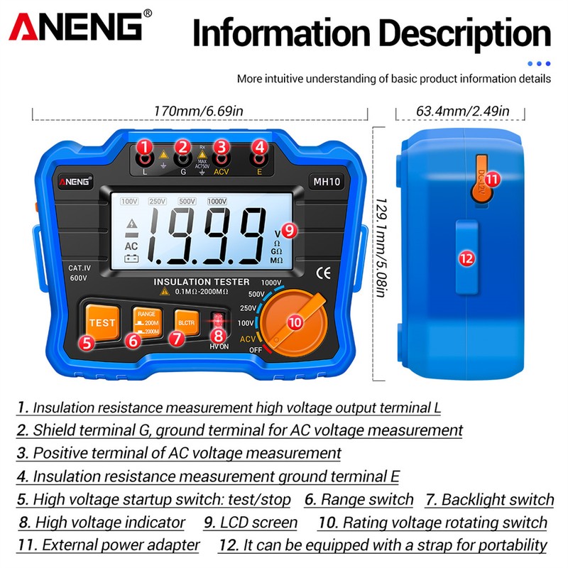 Insulation Resistance Tester 100V/ 250V/ 500V/ 1000V Resistance Tester with