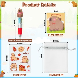 CY2SIDE Capybara Stationery Party Gift - 24 Pack Fun Animal Stationery Gifts Set Include 4-in-1 Ballpoint Pen Sticky Note Sticker and Organza Capybara Party Favor Goodie Bag Fillers for School Rewards