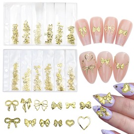 DANNEASY 400Pcs Gold Bow Nail Charms 3D Bowknot Heart Charms for Nails 3D Metallic Bows Nail Studs Nail Art Rivets Stud Manicure Jewelry Kit Nail Art Decoration for Women Girl