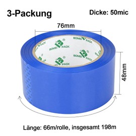 BOMEI PACK 3 x Paketklebeband 48mmx66m, Blau Klebeband, Packband für Umzugskartons und Sendungen, Verpackungsklebeband, Sicheres und Widerstandsfähiges Paketband mit Plastik Abroller