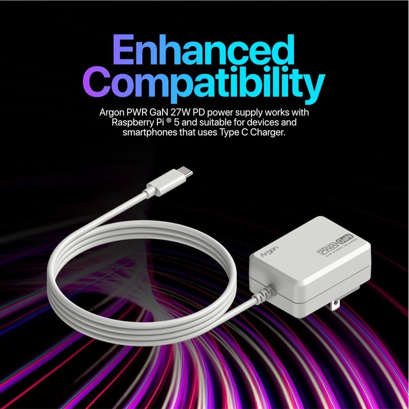Argon PWR GaN 27W USB-C Power Supply, Compatible with Raspberry