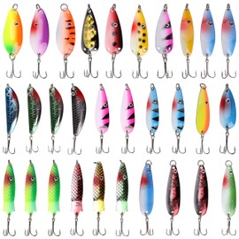 Fishing Spoon Metal Lure Kit - 30PCS Hard Metal Spinner Baits with Treble Hooks Salmon Bass for Saltwater Freshwater Fishing