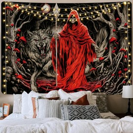 Invoibler Skull Tapestry Goth Wolf Tapestry Mushroom Moon Tapestry Death Skeleton Flowers Tapestry Horror Forest Tree Tapestry Wall Hanging for Bedroom(59.1 x 82.7 inches)