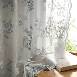 Juego de cortinas de encaje gris de 54 pulgadas de largo, 2 paneles de cortinas transparentes florales grises para cocina, recámara, cortina de flores clásico, bolsillo para barra, cortinas de ventana