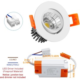 2Inch LED Recessed Ceiling Light, 3W Dimmable LED Downlight, 60 Beam Angle COB Recessed Lights with Driver, Daylight White 5500K, 25W Halogen Bulbs Equivalent for Ceiling Lighting, White 6 Pack