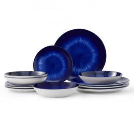 Bestone 12-Piece Round Porcelain Dinnerware Set, Service for 4, Chip Resistant Plates and Bowls, Starburst Turquoise Dark Blue, Dishwasher & Microwave Safe for Home Daily Use
