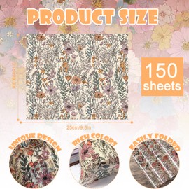 150 Pcs Wildflower Garden Floral Wax Paper Sheets for Food Deli, 9.8 x 8.3 inch Rero Wildflower Greaseproof Wrapping Paper for Sandwich Picnic Basket Liner Birthday Shower Party Supplies