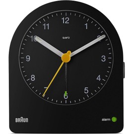 Braun Classic Analogue Alarm Clock with Snooze and Continuous Backlight, Quiet Quartz Movement, Crescendo Beep Alarm in Black, model BC22B.