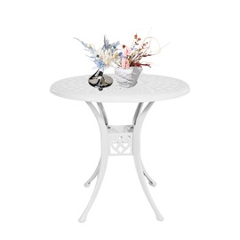 PATIO-IN 30.7" Cast Aluminum Round Patio Table, Patio Dining Table with Umbrella Hole, All Weather Outdoor Bistro Table for Backyard, Garden, Balcony, White