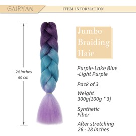 Gairyan Jumbo Braids Synthetic Hair Extensions, 3 Pieces, Braiding Hair Extensions, 60 cm, Ombre Synthetic Braids for Braids, Crochet Braids (Purple & Lake Blue & Light Purple)