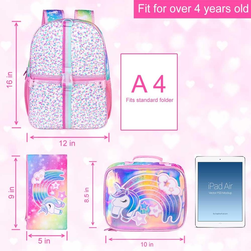 UFNDC 3PCS Unicorn Backpack for Girls, 16”Kids Sequin Bookbag with