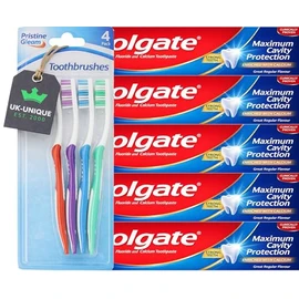 C o l g a t e Maximum Cavity Protection Toothpaste Bundle | Enriched with Calcium (5 × 100 ml) Plus 4 toothbrushe – 9-Piece Bundle (9)