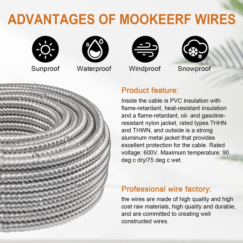 MOOKEERF 14/2 MC Cable with Ground - 75FT Pure Copper