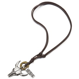 COOLSTEELANDBEYOND Unisex Men's Women's Vintage Bull Head Circles Pendant Necklace with Adjustable Brown Leather Strap, Brown leather, No Gemstone