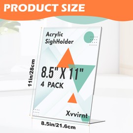 Xvvirnt Acrylic Sign Holder 8.5 x 11, 4 Pack Slanted Back Sign Holders, L Shape Clear Plastic Display Stand for Tabletop, Menu Paper Holder Stand, Table Holders for Office, Restaurant and School