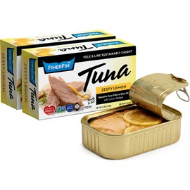 FinerFin Yellowfin Tuna Fillets In Organic Olive Oil – Zesty Lemon Flavor (4.4oz can - 2 Pack); Premium Canned Fish with EVOO, Keto Friendly, Gourmet Ready-to-Eat Fillets, Pole & Line Caught