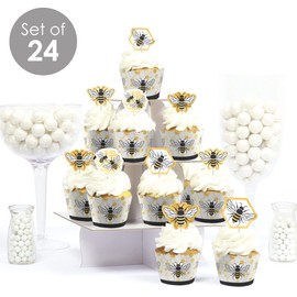 Big Dot of Happiness Little Bumblebee - Cupcake Decoration - Bee Baby Shower or Birthday Party Cupcake Wrappers and Treat Picks Kit - Set of 24