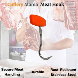Cutlery Mania Stainless Steel Meat Hooks | Orange Plastic Handle | 2-Pack | Heavy Duty T-Shaped Butcher Hooks for Meat Processing (4 inch)