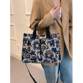 Summer Everything Tote Bag for Women, Plain/Cherry Pattern Work Bag, Makeup Bag, Everyday Bag, Trendy Versatile Work Tote Bag, Girl Large Beach Bags Gift, Fall Outfits, Fall Freshness Fall Outfits:_Blue And Black_Please Refer To The Pictures for Dimensions