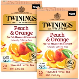 Twinings Peach & Orange Herbal Tea 2-Pack (20 Tea Bags Ea) – Naturally Caffeine-Free Sweet & Juicy Tea + Reusable Tea Bag Holder